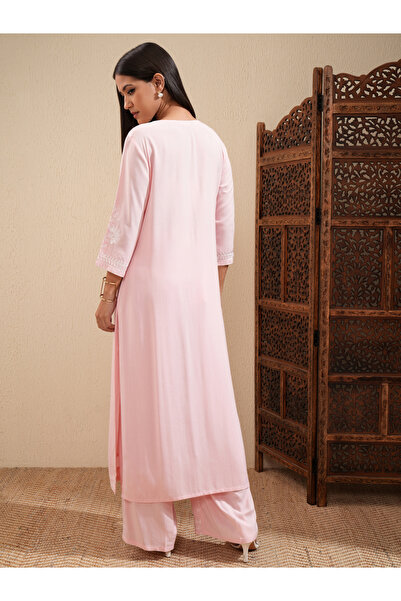 Vishudh By Styli Floral Embroidered Thread Work Straight Kurta & Palazzos Set