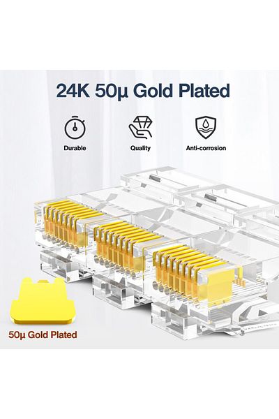Choice 100 قطعة من كابلات Ampcom Cat5e Rj45 Connector 8p8c Ethernet المعيارية مع أطراف Rj 45 وكابل شبكة محلية 50u مطلي بالذهب