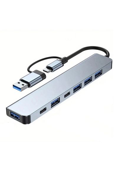 Choice موزع USB 7 في 1 باللون الرمادي مع قارئ بطاقات مقسم، منفذ USB C، USB 3.0 / 2.0، قارئ بطاقات مقسم Sd/tf
