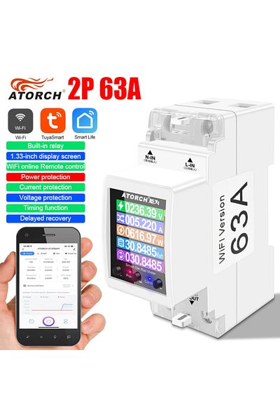 ATORCH 63a 2p 63a Tuya Wifi Smart Switch Circuit Breaker Energy Meter Kwh Power Metering Timer Relay