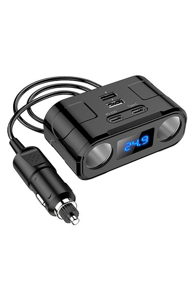 Choice Black Car Charger 60w Power Adapter 2 Sockets 2 Usb 2 Type C Charging Port Pd 22w Fast Charging Volt