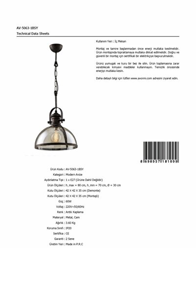 Avonni 5063 Serisi Siyah Avize AV-5063-1BSY