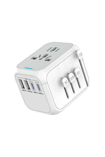 Choice محول سفر عالمي أبيض مزود بـ 3 منافذ USB و1 Type-c للشحن السريع ومحول قابس دولي للاتحاد الأوروبي والولايات المتحدة