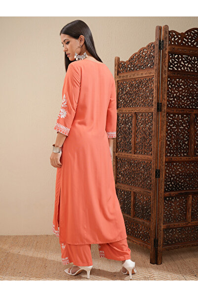 Vishudh By Styli Floral Embroidered Thread Work Straight Kurta & Palazzos Set