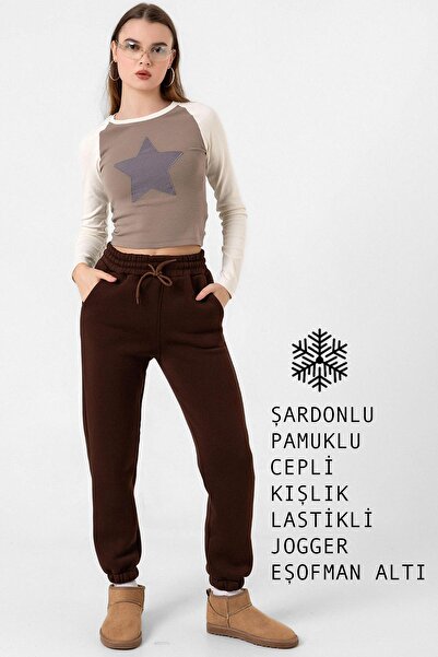 Domoda Καφέ γυναικεία φούτερ με 3 κλωστές, ελαστική τσέπη, βαμβακερή