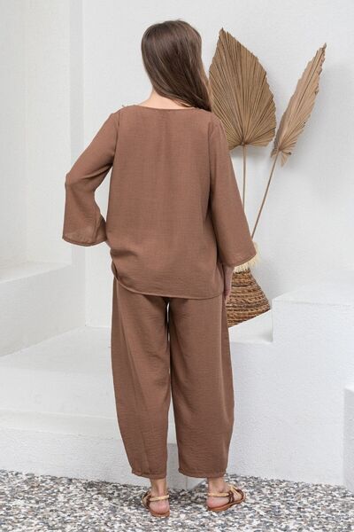 KÜÇÜĞÜM BUTİK Brown Cotton Muslin Long Sleeve Blouse and Loose Pants Set (Bluz-Pant)