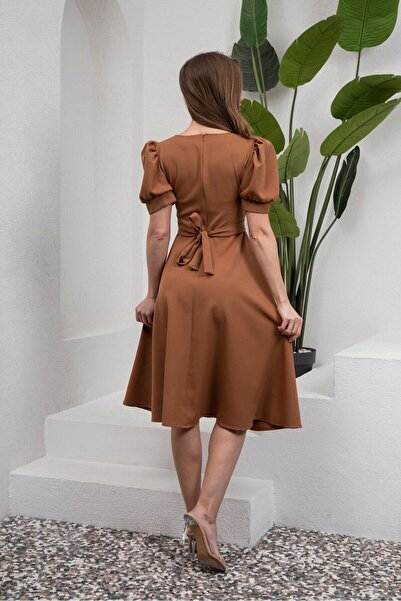 KÜÇÜĞÜM BUTİK Camel Rengi Karpuz Kol Kloş Midi Boy Krep Elbise