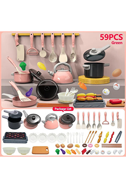 59PCS Pink Kids Kitchen Toys Set Play Kitchen Accessories Kit with Play Pots Pretend