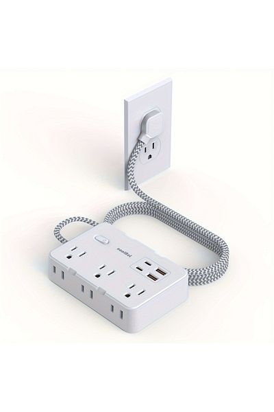 JcBlaon قابس Us Plug أبيض من Multiprise، سلك تمديد مضفر من Us Plug Ac Outlet، كهربائي منزلي ذكي