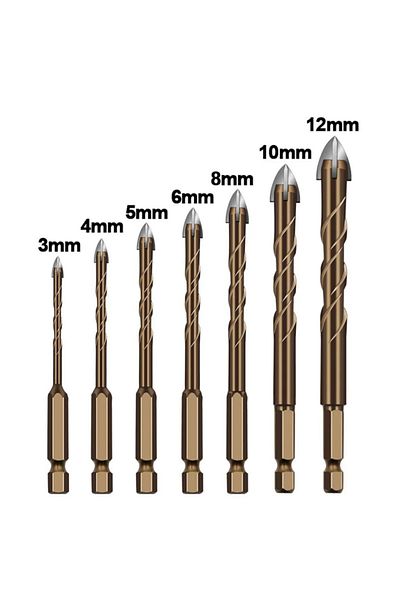 XMSJ Package Content 7pcs Cross Tile Drill Bits Set Hex Shank Glass Cement Metal Ceramic Wood Plastic All