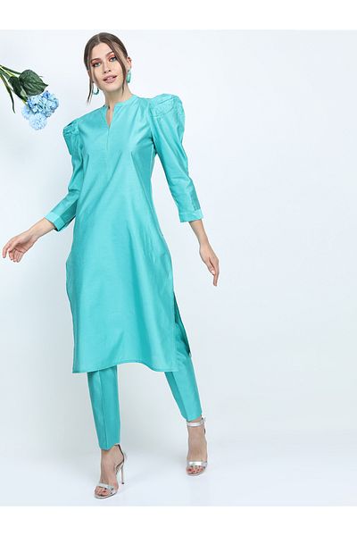Vishudh By Styli Side Slit Detail Puff Sleeves Kurta & Trousers Set
