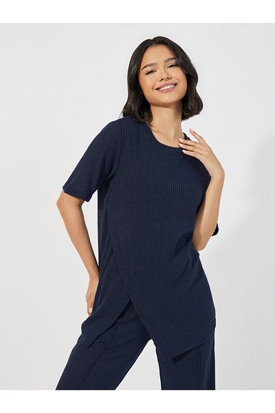 Styli Brushed Ribbed Asymmetric Trim Top & Wide Leg Pants Lounge Set