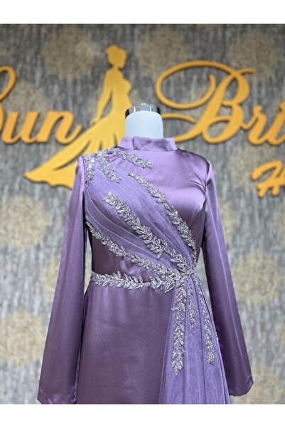 MODA Mor Saten Tesettür Abiye Taşlı Tül Detaylı Abiye