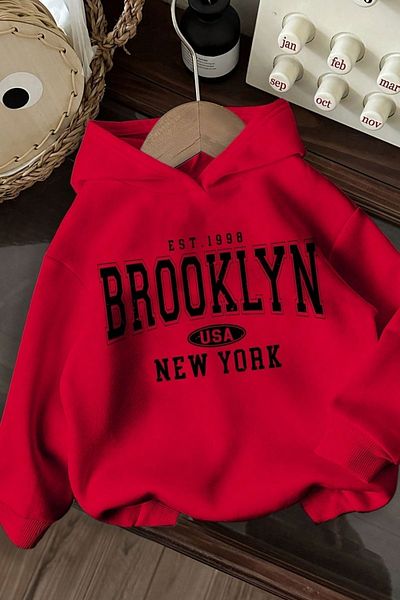 Know Unisex Red Oversize Brooklyn Printed Hooded Sweatshirt