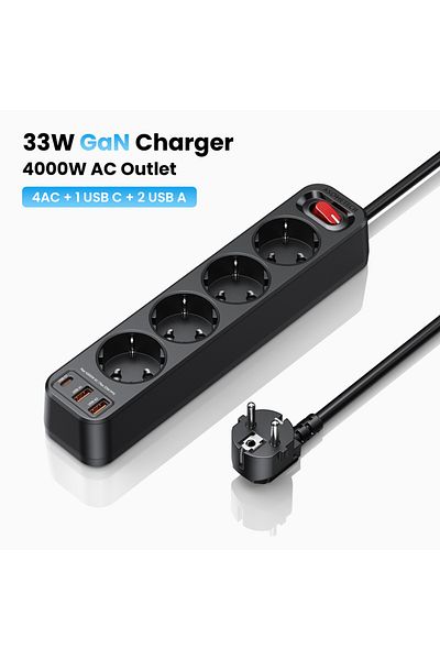 ASOMETECH شريط طاقة أسود 4000 وات متعدد المنافذ بطول 1.5 متر مع فلتر شبكة و3 منافذ USB PD 33 وات