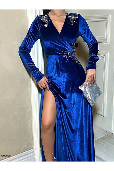 Trendusfashion Velvet Fabric Evening Dress with Stone and Slit Detail