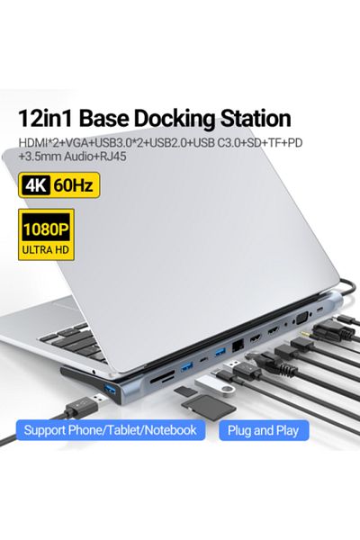 Choice محطة إرساء 12 في 1 بمنفذ USB-C باللون الرمادي مع منفذ HDMI1.4*2 ومنفذ Vga ومنفذ USB3.0/2.0 ومنفذ Rj45 ومنفذ SD/TF ومنفذ PD بطول 100 متر