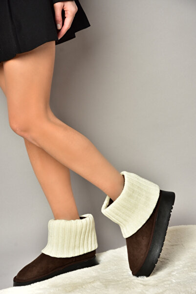 Fox Shoes T918548102 Kahverengi/Bej Süet Triko Detaylı Kadın Bot