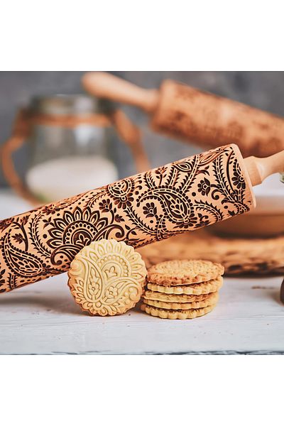 Arjmide دبوس لف البسكويت الخشبي الجديد الكبير الحجم مقاس 35 سم على شكل شجرة الحياة المنقوشة بعمق للخبز ثلاثي الأبعاد