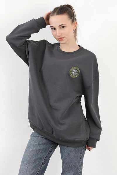 GİYSA Hanorac oversize pentru femei Adventure 3 - decolteu, broderie cu frânghie, antracit - 9003