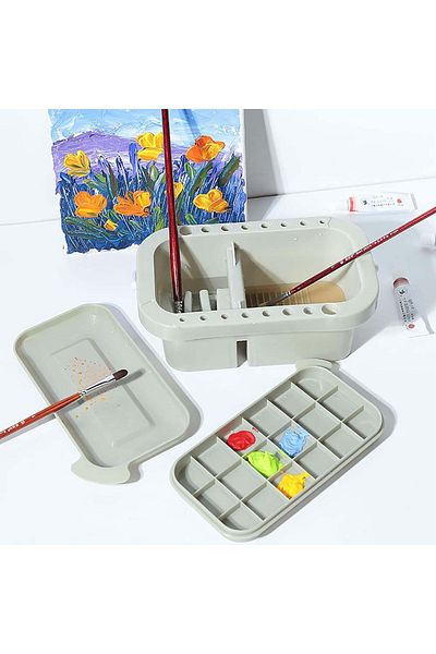 Choice Gray 1pc Three-in-one Multi-functional Pen Wash Case, Can Be Used As A Color Palette, Paint Box, Eas