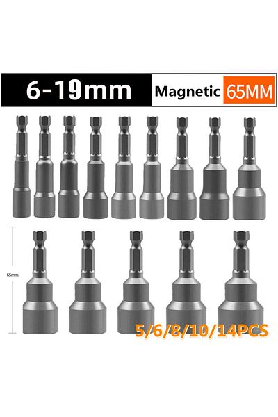 ASDTODW 6-15mm(10PCS)65mm 6-19mm1/4” Impact Socket Magnetic Nut Screwdrive Power Drill Bit Set Adapter Bolt