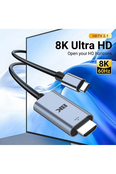 Choice كابل 8K UHD Type-c إلى HDMI رمادي بطول 2 متر مع 8K 60 هرتز/4K 120 هرتز مثالي لبث الألعاب ودعم Iphone