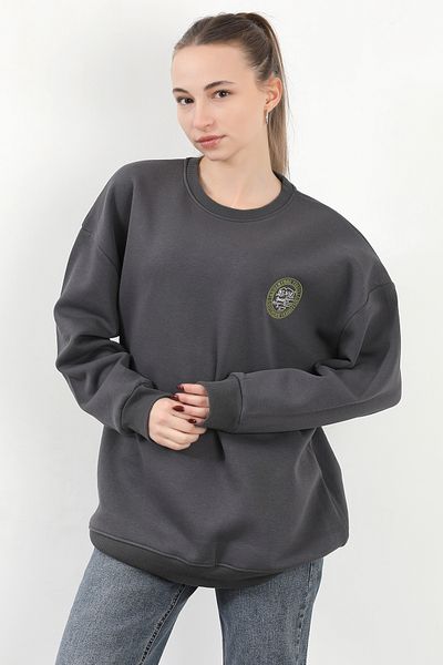 GİYSA Hanorac oversize pentru femei Adventure 3 - decolteu, broderie cu frânghie, antracit - 9003