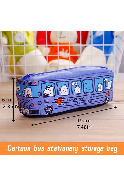 Choice Blue 1pc Creative Large Capacity Canvas School Bus Pencil Case Pencil Bag Stationery Pen Bag To Stor