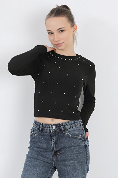 GİYSA Γυναικεία ελαστική μπλούζα με λαιμόκοψη με λεπτομέρεια από πέτρα και πέρλα - 5986