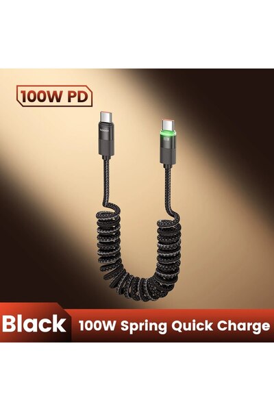 Choice كابل Toocki Pd100w Type C إلى Type C بطول 1.2 متر أسود، كابل شحن سريع 5 أمبير USB C زنبركي لشاحن السيارة لأجهزة Ip