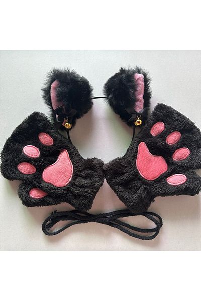 Choice 2pcs 2pcs Sets Cat Paw Gloves Winter Cute Cartoon Girl Open Finger Gloves Bell Headband Fox Cat Ear