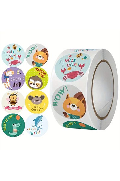 Choice 500pcs/roll Motivational Reward Stickers - Fun Teacher-Focused Animal Designs, Hand-Painted & Ado...