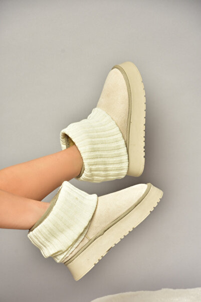 Fox Shoes T918548102 Bej/Bej Süet Triko Detaylı Kadın Bot