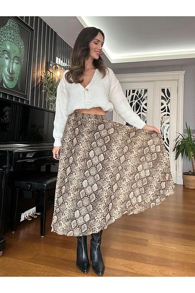 Atelier Derin Кафява, бежова шифонена пола със змийски мотив