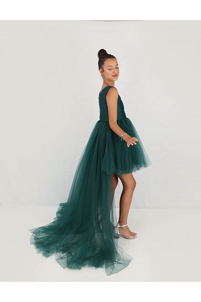 HSNLİFE Girl Child Emerald Green Front Short Back Long Dress Special Occasion Birthday Graduation Prom Party Dress