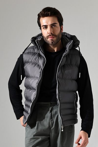 B.HE.Z Men's Gray Puffer Vest - Gel Padding, Detachable Zipper, Hood, Inner Pocket, Water Repellent