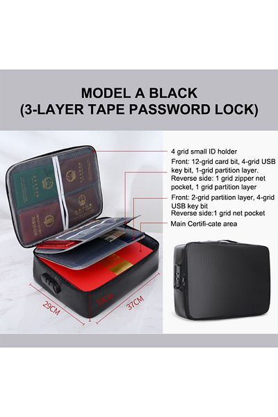 Choice Black Fireproof Document Password Bag Travel Waterproof File Money Storage Safe Papers Zipper Safety