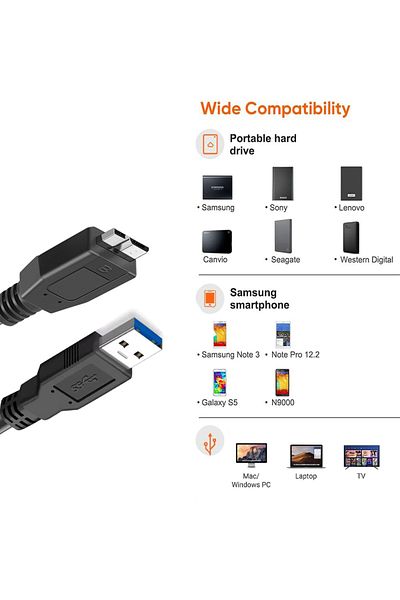 Choice كابل USB أسود بطول 1 متر لمحرك الأقراص الصلبة وكابل USB 3.0 Micro B لمحرك الأقراص الصلبة الخارجي وكابل بيانات USB 3.0 لمحرك الأقراص الصلبة WD Hitach