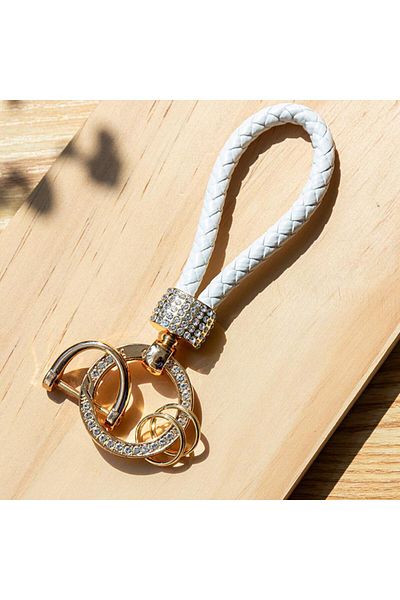 Choice White 1pc Handcrafted Braided Rope Keychain Sparkling Rhinestones - Stylish Monochrome Car Key Ring