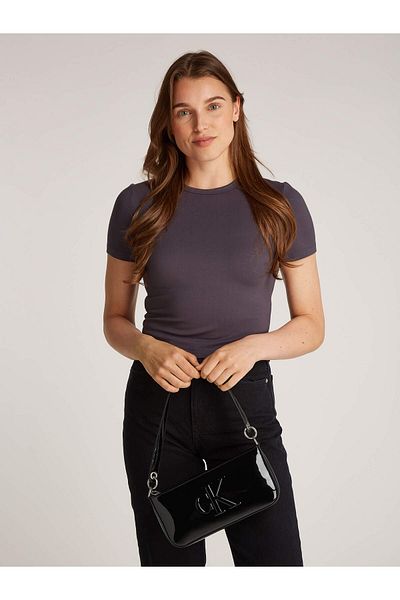 Calvin Klein Women's Ck Logo Short Strap Zipper Closure Bright Leather Black Shoulder Bag K60K 613052 -Beh