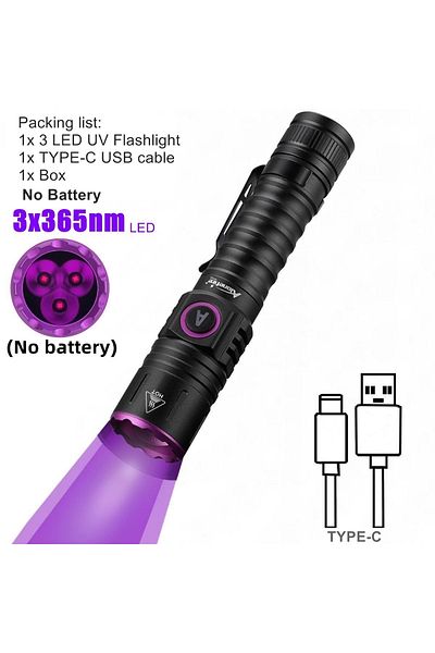 Choice 18650 Black 3x365nm No Battery 15w Uv 365nm High Power Blacklight Usb Flashlight Invisible Ink Marke