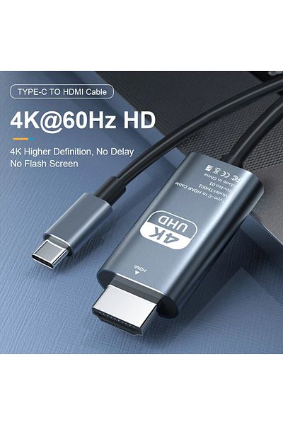 Choice كابل USB C إلى HDMI رمادي 4K من الألومنيوم من النوع C إلى HDMI يدعم Thunderbolt 3 و 4 لجهاز Iphone 15 Ser