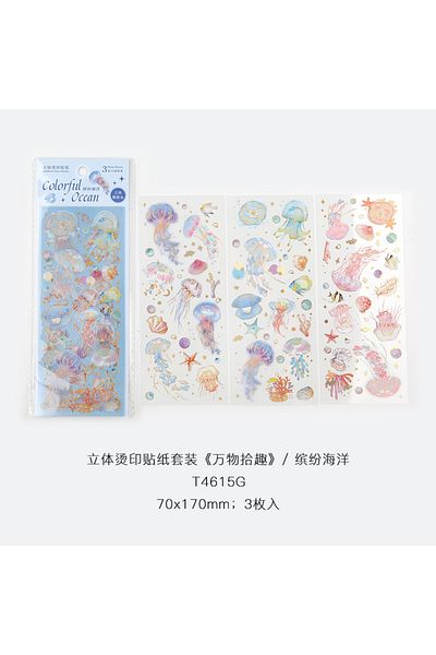 Choice C 3pcs Kawaii Feather Dragonfly Bird Jellyfish Decorative Stickers Pack Scrapbooking Material Label.