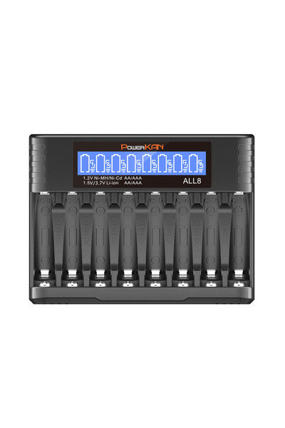 Choice شاحن ALL8 POWERKAN ALL8، شاحن LCD عالي السرعة مزود بـ 8 فتحات AA/AAA، ...
