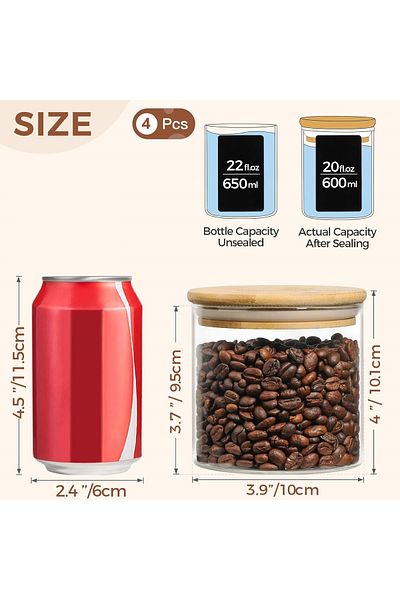 Generic مجموعة من 4 برطمانات تخزين زجاجية بغطاء محكم من الخيزران سعة 600 مل