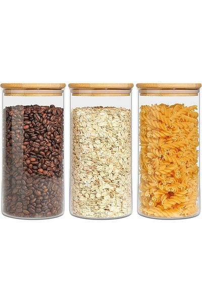 Generic مجموعة من 3 برطمانات تخزين زجاجية بغطاء محكم من الخيزران سعة 1000 مل