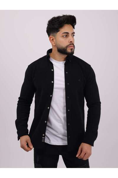 cliento Erkek Siyah Slim Fit Likralı Fitilli Kadife Kumaş İçi Polarlı Gömlek