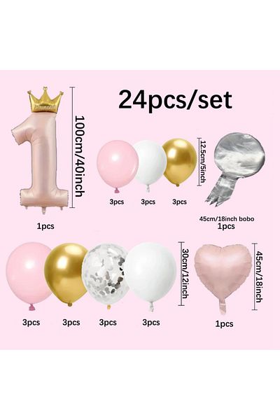 Choice Other Pink 24pcs 1-year-old Crown Aluminum Film Balloon For Boys And Girls Birthday Party, One Year