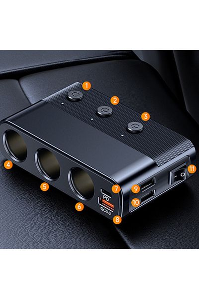 Choice Black 7-in-1 128w Car Charger Adapter Pd Qc3.0 Socket Cigarette Lighter Splitter C28 Conversion Plug